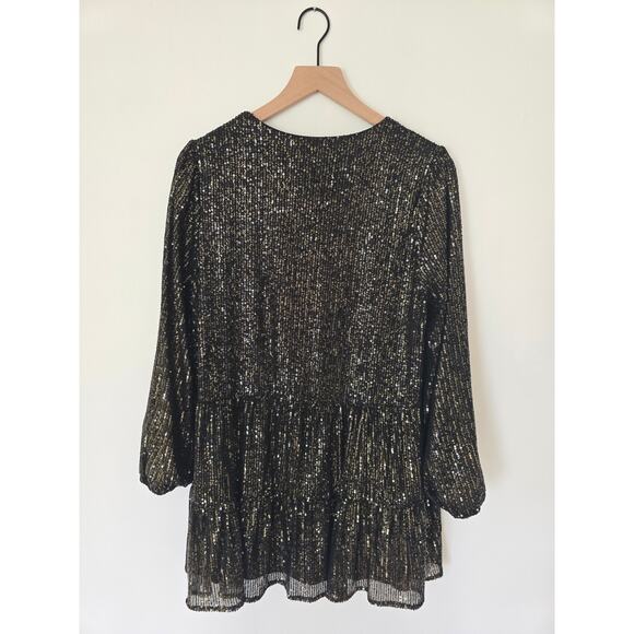 Melloday Black Gold Metallic Pleated Tunic Dress Size L Long Sleeve - Picture 2 of 3